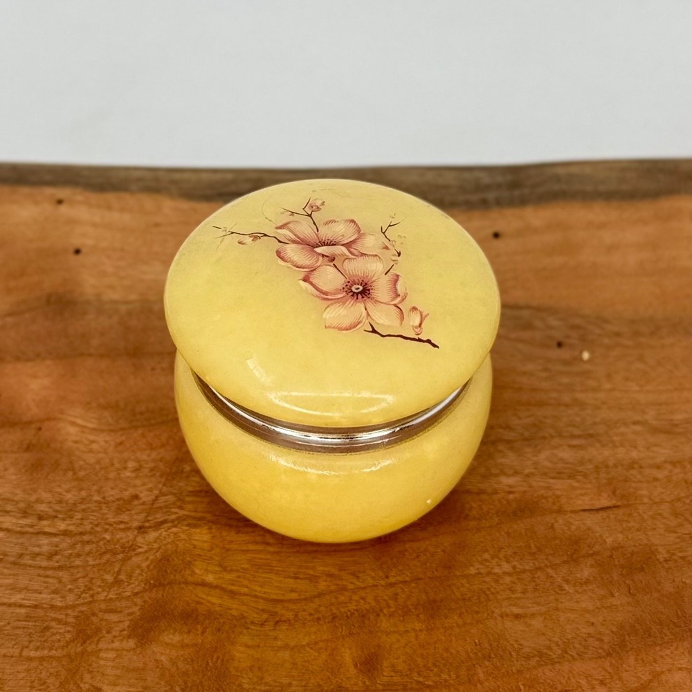 Noymer Vintage Yellow Alabaster Trinket Box Floral Pink Cherry Blossom Italy MCM